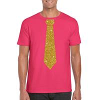 Bellatio Decorations Roze fun t-shirt met stropdas in glitter goud heren -