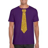 Bellatio Decorations Paars fun t-shirt met stropdas in glitter goud heren -