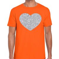 Bellatio Decorations Zilver hart glitter fun t-shirt oranje heren -
