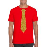 Bellatio Decorations Rood fun t-shirt met stropdas in glitter goud heren -