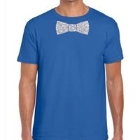 Bellatio Decorations Blauw fun t-shirt met vlinderdas in glitter zilver heren -