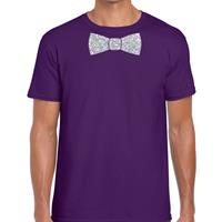 Bellatio Decorations Paars fun t-shirt met vlinderdas in glitter zilver heren -