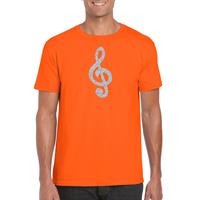 Bellatio Decorations Zilveren muziek noot G-sleutel / muziek feest t-shirt / kleding oranje heren -