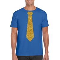 Bellatio Decorations Blauw fun t-shirt met stropdas in glitter goud heren -