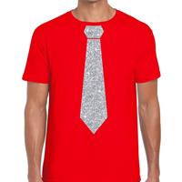 Bellatio Decorations Rood fun t-shirt met stropdas in glitter zilver heren -