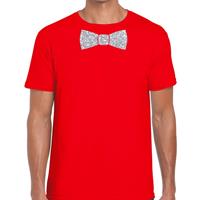 Bellatio Decorations Rood fun t-shirt met vlinderdas in glitter zilver heren -