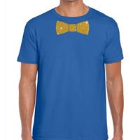 Bellatio Decorations Blauw fun t-shirt met vlinderdas in glitter goud heren -
