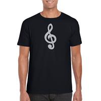 Bellatio Decorations Zilveren muziek noot G-sleutel / muziek feest t-shirt / kleding zwart heren -