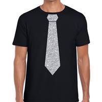 Bellatio Decorations Zwart fun t-shirt met stropdas in glitter zilver heren -