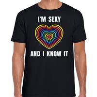Bellatio Decorations Regenboog hart Sexy and I Know It gay pride zwart t-shirt voor dames
