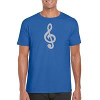 Bellatio Decorations Zilveren muziek noot G-sleutel / muziek feest t-shirt / kleding blauw heren -