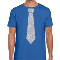 Bellatio Decorations Blauw fun t-shirt met stropdas in glitter zilver heren -