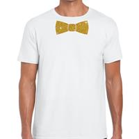 Bellatio Decorations Wit fun t-shirt met vlinderdas in glitter goud heren -