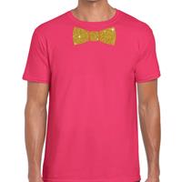 Bellatio Decorations Roze fun t-shirt met vlinderdas in glitter goud heren -