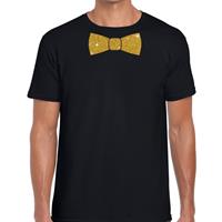 Bellatio Decorations Zwart fun t-shirt met vlinderdas in glitter goud heren -