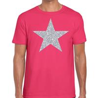 Bellatio Decorations Zilveren ster glitter t-shirt roze heren -