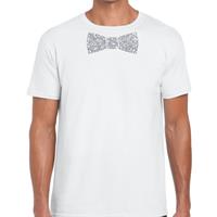 Bellatio Decorations Wit fun t-shirt met vlinderdas in glitter zilver heren -