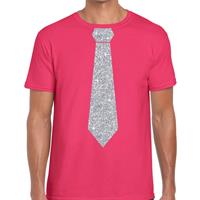 Bellatio Decorations Roze fun t-shirt met stropdas in glitter zilver heren -
