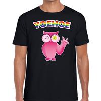 Bellatio Decorations Yoehoe gay pride knipogende roze uil t-shirt zwart voor heren