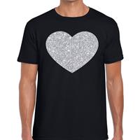 Bellatio Decorations Zilver hart glitter fun t-shirt zwart heren -