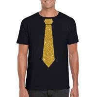 Bellatio Decorations Zwart fun t-shirt met stropdas in glitter goud heren -