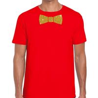 Bellatio Decorations Rood fun t-shirt met vlinderdas in glitter goud heren -