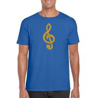 Bellatio Decorations Gouden muziek noot G-sleutel / muziek feest t-shirt / kleding blauw heren -