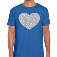 Bellatio Decorations Zilver hart glitter fun t-shirt blauw heren -