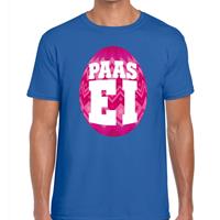 Bellatio Blauw Paas t-shirt met roze paasei - Pasen shirt voor heren - Pasen kleding