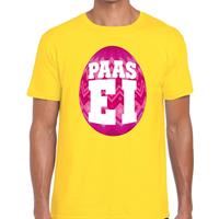 Bellatio Decorations Paasei t-shirt geel met roze ei voor heren