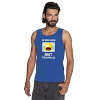 Bellatio Blauw mouwloos feest shirt/ tanktop - Ik ben hier niet vrijwillig met emoticon voor heren