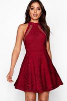 Boohoo Lace High Neck Skater Dress, Berry