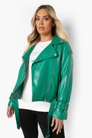 Plus Collared Faux Leather Biker Jacket, Green