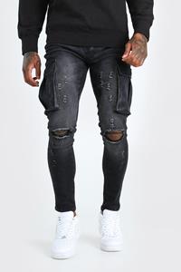 Super Skinny Cargo Jean With Knee Rips, Washed Black