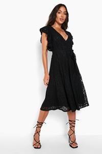 Boohoo Lace Ruffle Sleeve Skater Midi Dress, Black