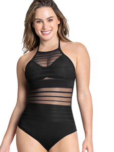 leonisa Striped Mesh Overlay Slimming Swimsuit | Black