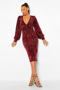 Boohoo Tall Midi Jurk Met Pailletten, Ballonmouwen En Laag Decolleté, Red