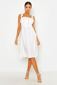 Gestreepte Midi Skater Jurk Met Geplooide Bandjes, Pink