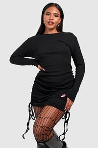 Boohoo Plus Geribbelde Geplooide Bodycon Jurk Met Lange Mouwen, Black