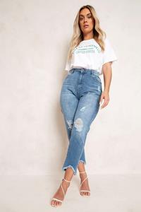 Boohoo Plus Gescheurde Versleten Mom Jeans Met Hoge Taille, Mid Blue