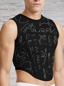 INCERUN Men Abstract Print Patchwork Curved Hem Vest