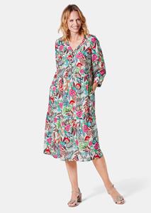 goldnerfashion Gedessineerde jurk van soepel materiaal - koraalrood / groen / gedess. -