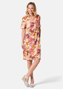 goldnerfashion Elastische jersey jurk met modieuze print - rood / oranje / gedess. -