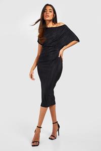Boohoo Plisse Off Shoulder Midi Jurk, Black