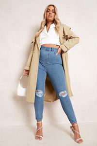 Plus Skinny Fit Jeggings Met Gescheurde Knieën, Mid Blue