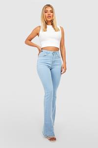 Boohoo Booty Boost Mid Rise Flared Jeans, Light Wash