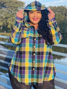 Plus Size Hooded Plaid Front Pockets Shacket