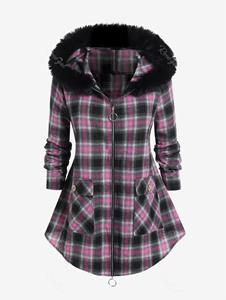 Rosegal Plus Size Faux Fur Hood Pockets Front Zipper Plaid Shacket