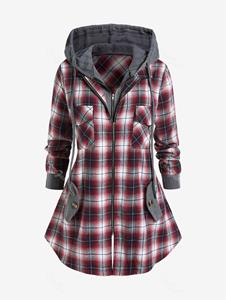 Rosegal Plus Size Flap Pocket Cable Knit Plaid Hooded 2 in 1 Coat
