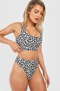 Boohoo Geo Print Bikini Top Met Lage Ronde Hals, Black